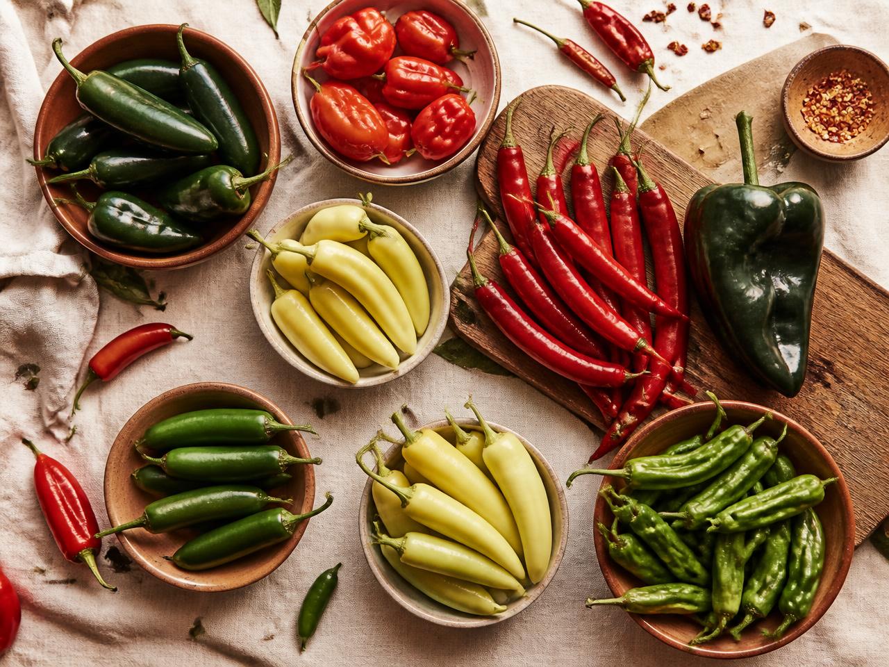 Organic chillies and peppers including jalapeño, habanero, cayenne, poblano and shishito