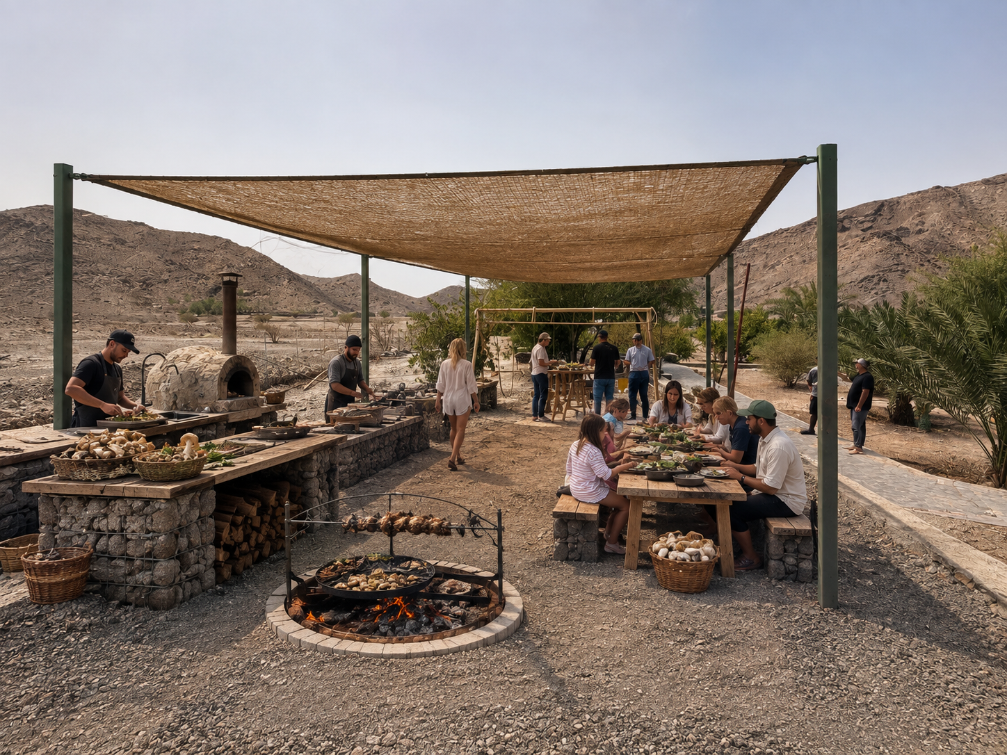 Open fire cooking area with baskets of freshly picked mushrooms in the mountains of Ras Al Khaimah