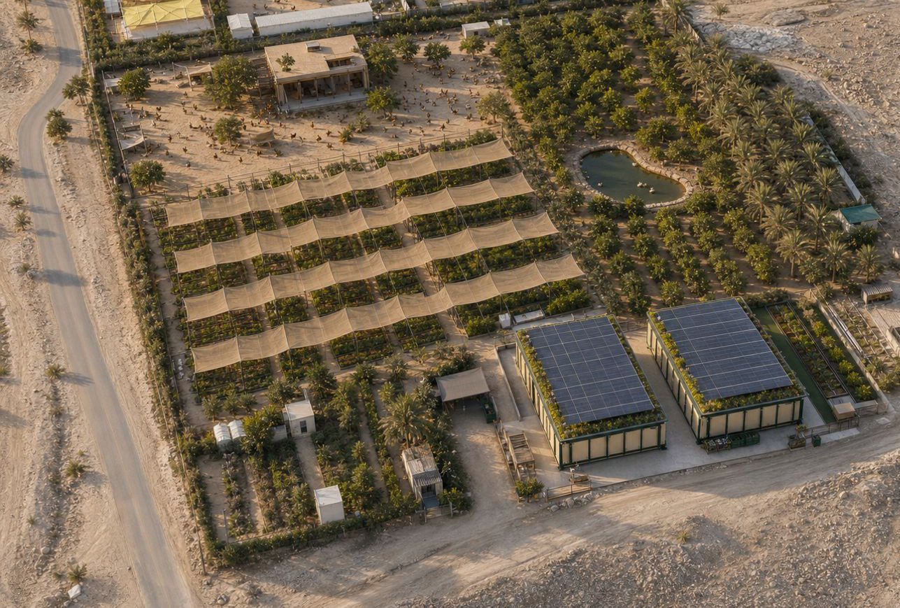 Aerial view of the Waha & Wild farm in Ras Al Khaimah with shaded growing beds, palm groves and solar-topped grow rooms