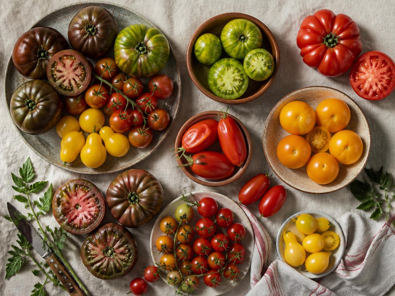 Organic heirloom tomatoes in many colours and shapes, freshly picked
