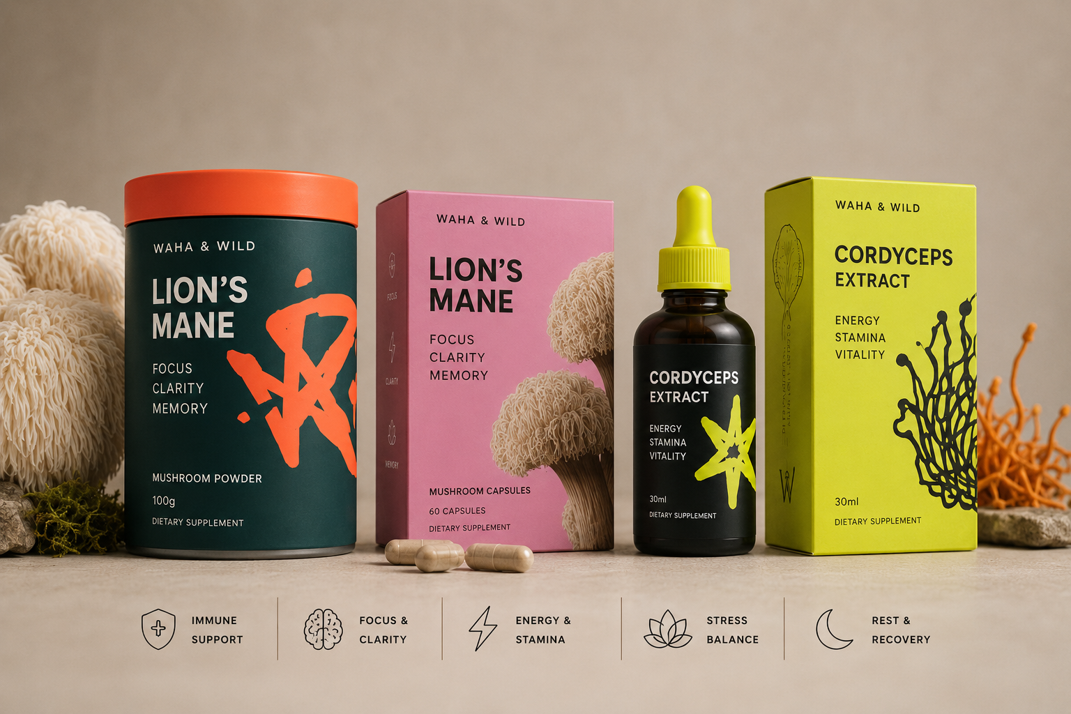 Waha & Wild lion's mane and cordyceps mushroom extract pouches and jars