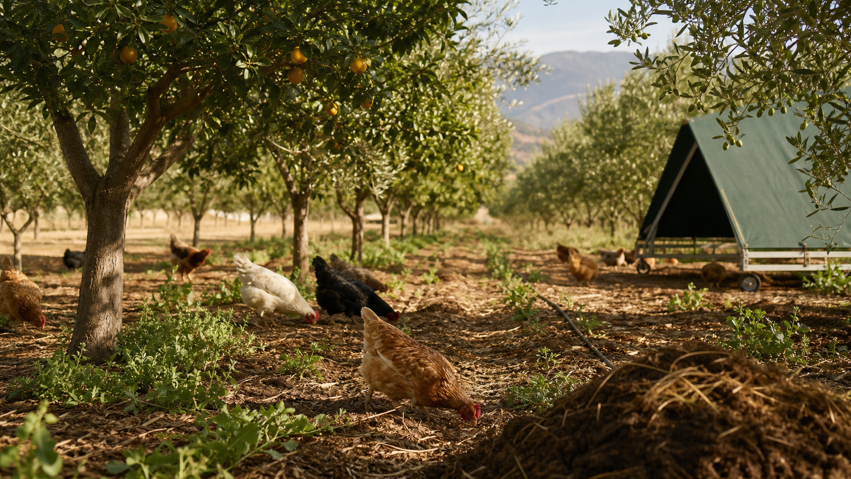 Pasture-raised chickens on rotational paddocks